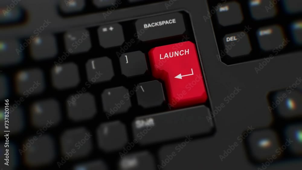 Launch red button on keyboard. A finger presses Launch. Click Launch. Realistic keyboard button. Red button Launch to push. Set for action. Keyboard with unique word to press. Close-up CGI