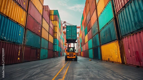 Container carrier forklift loading onto truck at dock with stack of colorful container boxes background and copy space, Cargo shipping import export logistics transportation industry concept