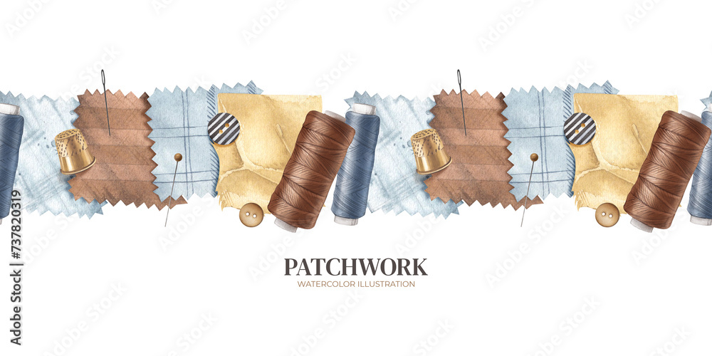 Patchwork kit. A palette of multi-colored fabrics, buttons, pins and sewing threads. Seamless pattern. Handicraft store. Border for background design, textile, banner, packaging. Watercolor - obrazy, fototapety, plakaty 