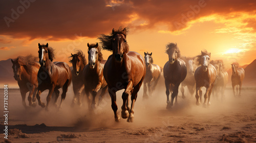 A herd of horses running across a dusty landscape.