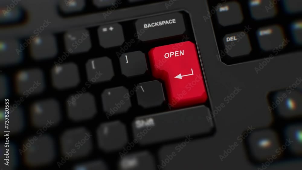 Open red button on keyboard. A finger presses Open. Click Open. Realistic keyboard button. Red button Open to push. Set for action. Keyboard with unique word to press. Wideshot CGI Open red button on keyboard. A finger presses Open. Click Open. Realistic keyboard button. Red button Open to push. Set for action. Keyboard with unique word to press. Wideshot CGI