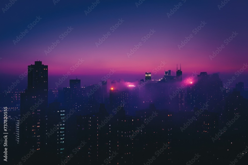 This photo captures the stunning nighttime vista of a city as seen from the vantage point of a tall building, Cityscape softly illuminated by the break of dawn, AI Generated