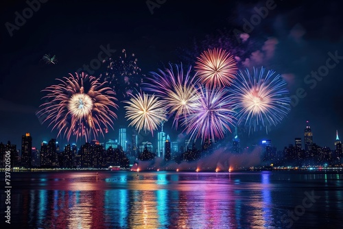 Colorful fireworks illuminate the night sky above a bustling city, creating a spectacular display of lights and explosions, City view during a spectacular fireworks show, AI Generated