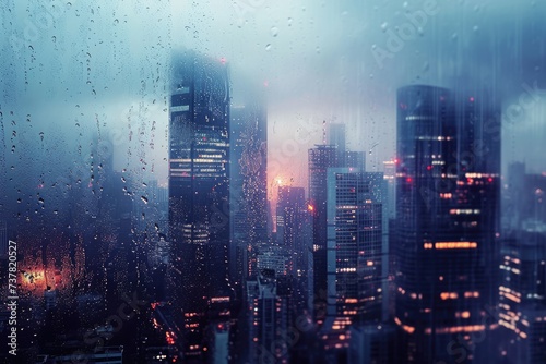 The photo captures a night view of a city observed through a window covered in raindrops, Cityscape in the rain with skyscrapers emerging from the mist, AI Generated