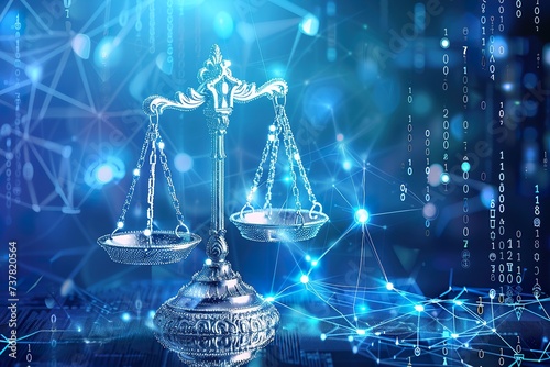 Scales of Justice in Digital World Concept. Digital illustration Scales on futuristic blue data network background