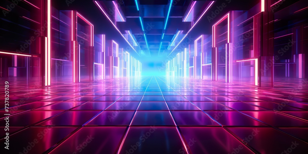 3d render, neon lights, room, indoor, virtual reality, glowing lines, modern conceptual psychedelic background