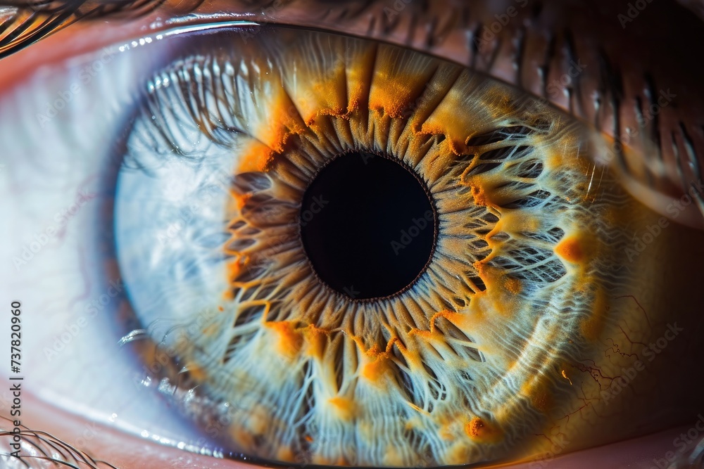 This close-up photo showcases the intricate details of a human eye, featuring a brown iris and long, defined eyelashes, Close up of human eye iris details, AI Generated - obrazy, fototapety, plakaty 