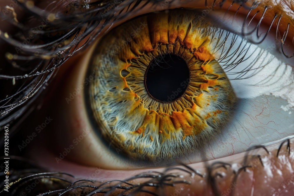 A detailed close-up photograph of an eye showcasing a striking yellow iris, Close up of human eye iris details, AI Generated