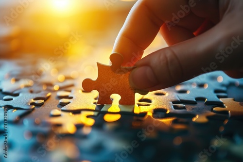 A person carefully inserts a puzzle piece into the corner of a finished puzzle, Close up of hand placing a puzzle piece indicating strategic planning, AI Generated