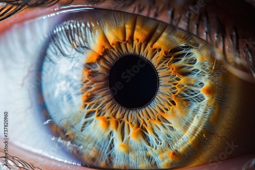 This close-up photo showcases the intricate details of a human eye  featuring a brown iris and long  defined eyelashes  Close up of human eye iris details  AI Generated