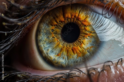 A detailed close-up photograph of an eye showcasing a striking yellow iris, Close up of human eye iris details, AI Generated