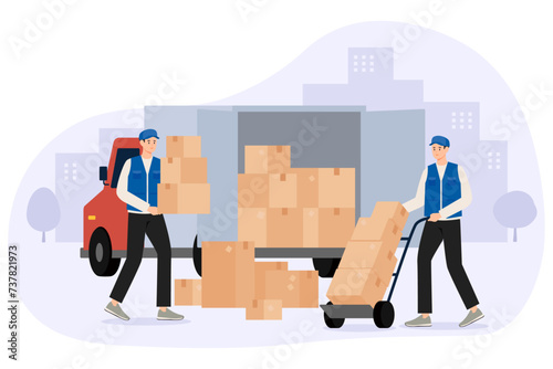 Delivery man with cardboard box and truck. Delivery service concept. Vector illustration
 photo