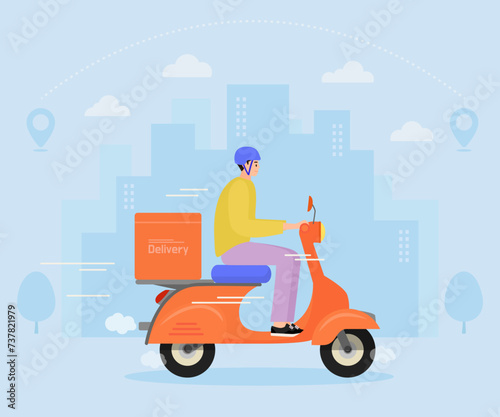 오토바이를 타고 빠르게 배달하는 배달원.
Fast delivery service. Man on scooter with boxes. Vector illustration. 