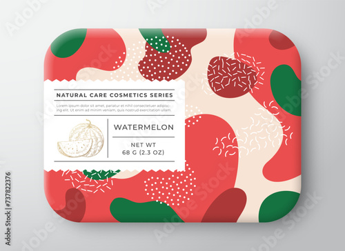 Fruit Bath Cosmetics Package Box. Vector Wrapped Paper Container with Care Label Design. Modern Typography and Hand Drawn Watermelon. Abstract Camo Background Pattern Layout Isolated