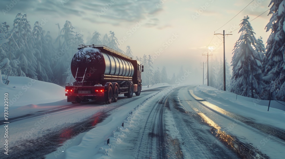 A truck carrying a cargo tank is driving on a slick winter road outside of the city.