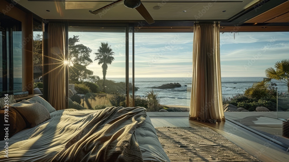 Fototapeta premium Mountain rock stone wall in luxurious apartment master bedroom interior, beach. Generative Ai