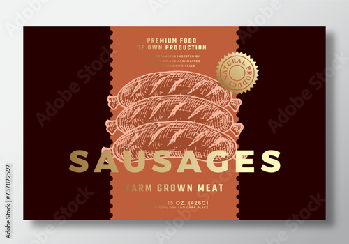Sausages package label. Vector food product design layout with hand drawn illustration. Modern typography banner. Color Paper Background Layout with Gold Foil Effect Isolated