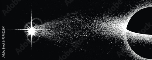 Black hole with disc of plasma eating dying star in space. Supermassive singularity in core off a galaxy, with noise texture . Event horizon .Vector illustration