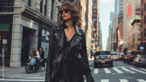 A sleek black leather jacket paired with a flowing silk midi dress juxtaposing edgy and feminine elements against the backdrop of a bustling city street. photo