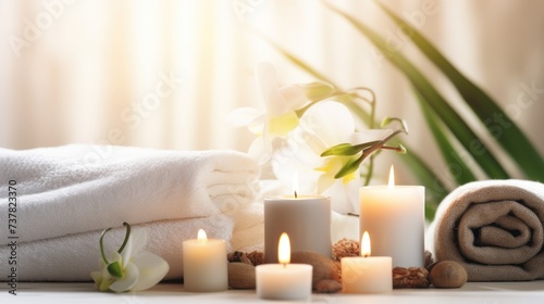 Beautiful spa treatment composition such as Towels, candles, essential oils, Massage Stones on light wooden background. blur living room, natural creams and moisturizing Healthy lifestyle, body care