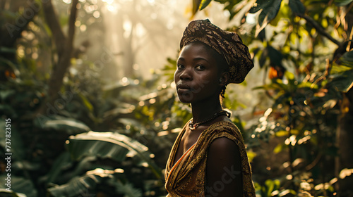 Image of a scene where a Yoruba woman is standing all alone in a thick African forest.