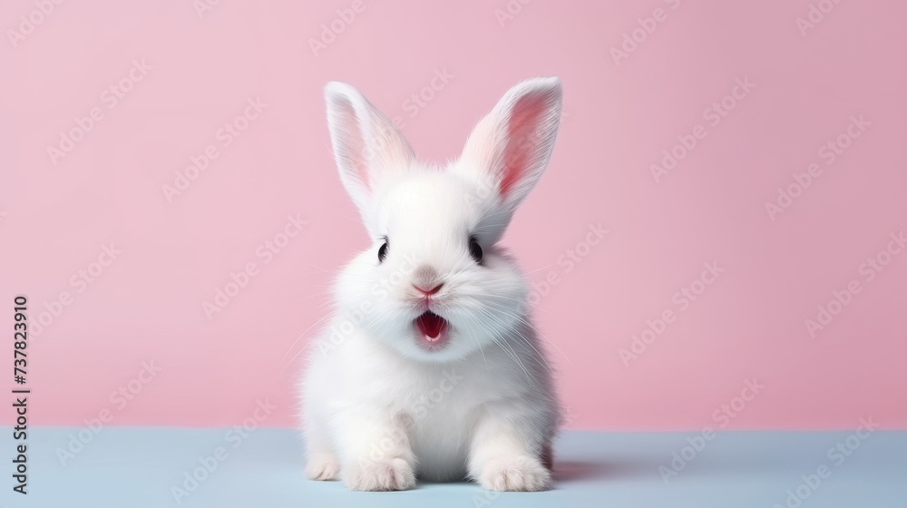 Obraz premium cute animal pet rabbit or bunny white color smiling and laughing isolated with copy space for easter background, rabbit, animal, pet, cute, fur, ear, mammal, background, celebration, generate by AI