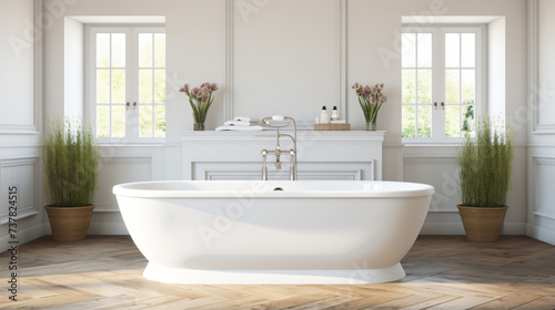 A large white bathtub sitting in a bathroom.