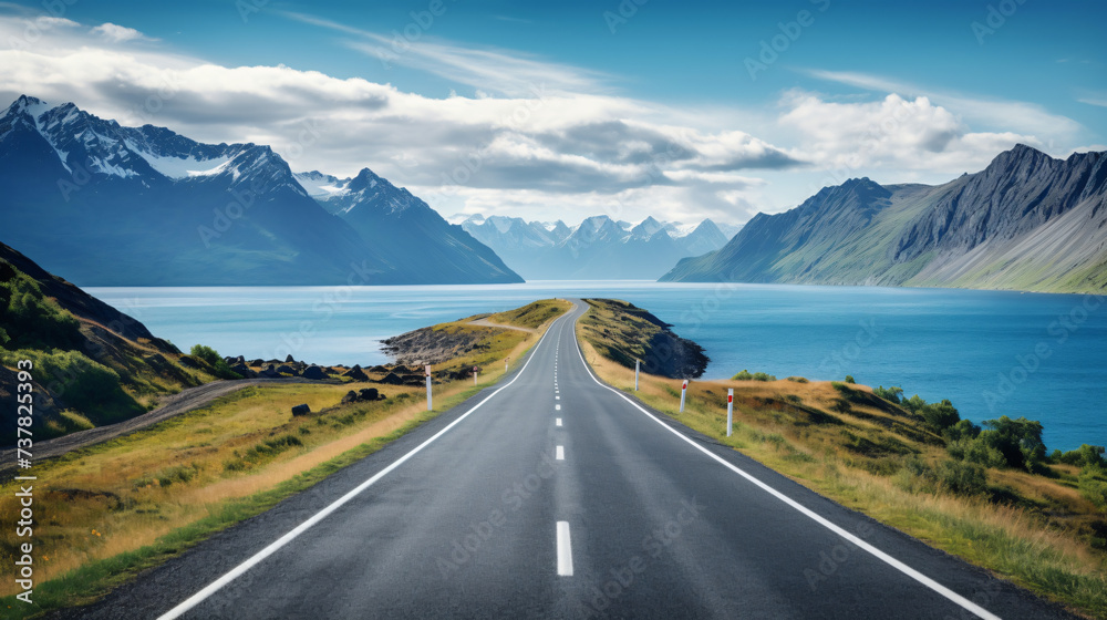 A long straight road with mountains in the background. - obrazy, fototapety, plakaty 