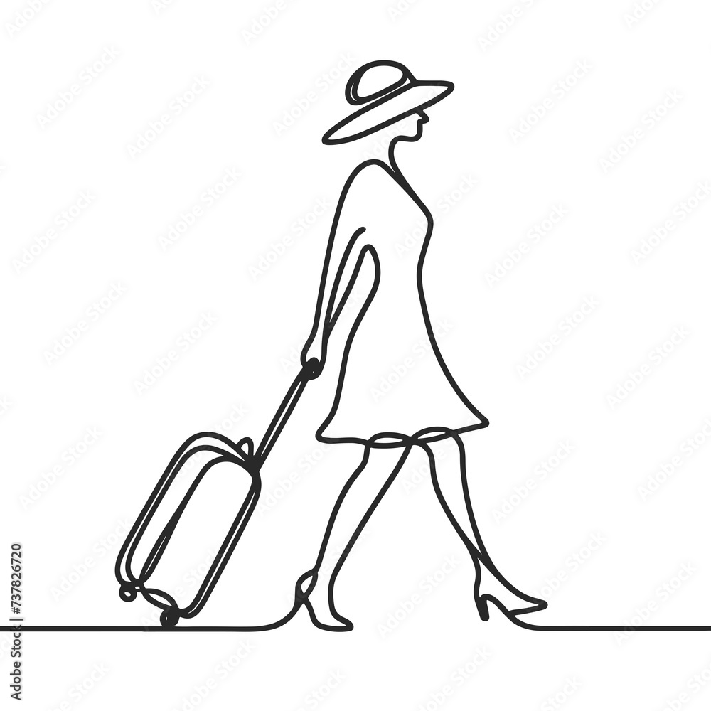 Woman with suitcase in line drawing style Woman with suitcase in line drawing style