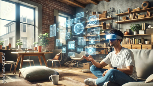 A young man wearing a T-shirt and jeans, wearing goggles, is working while relaxing in his room.