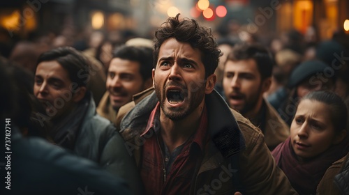A person in a crowded street, showing anger, with one hand gripping the other arm tightly, captured in 8K HD.