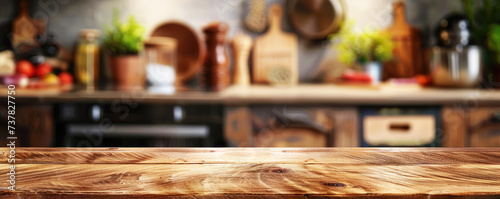 Wooden table for product montage with blurred kitchen interior background