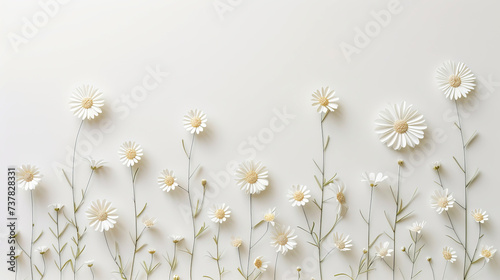 white daisies on a white background top view #737828331