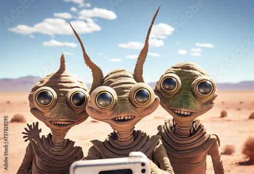 three aliens in the desert take a selfie