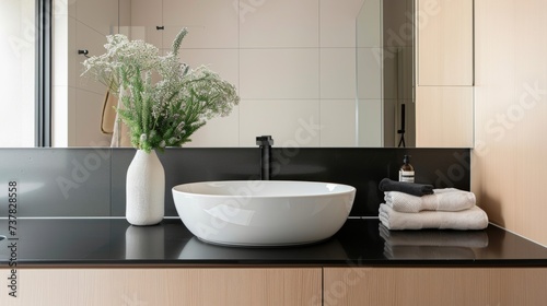 Contemporary Minimalist Bathroom with Black Countertop