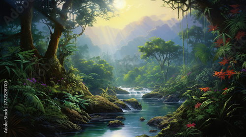 A painting of a jungle scene with a river running.