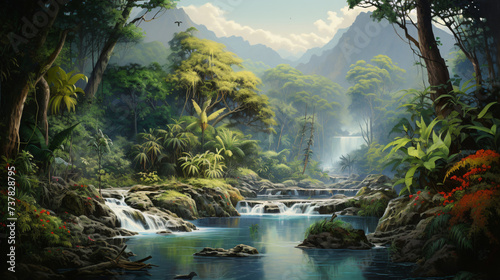 A painting of a jungle scene with a river running.