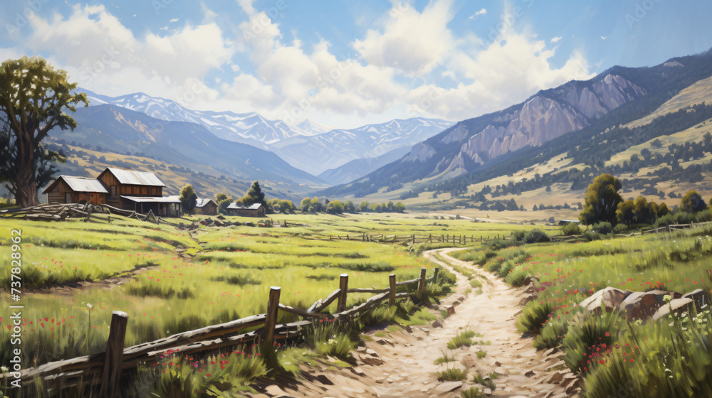 A painting of a mountain landscape with a path.