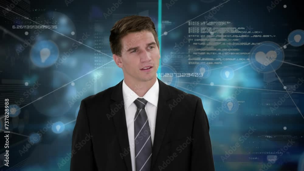 Animation of caucasian businessman and data processing over dark background Animation of caucasian businessman and data processing over dark background