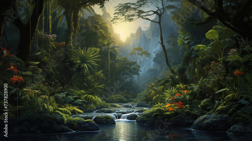 A painting of a jungle scene with a river running. © Natia