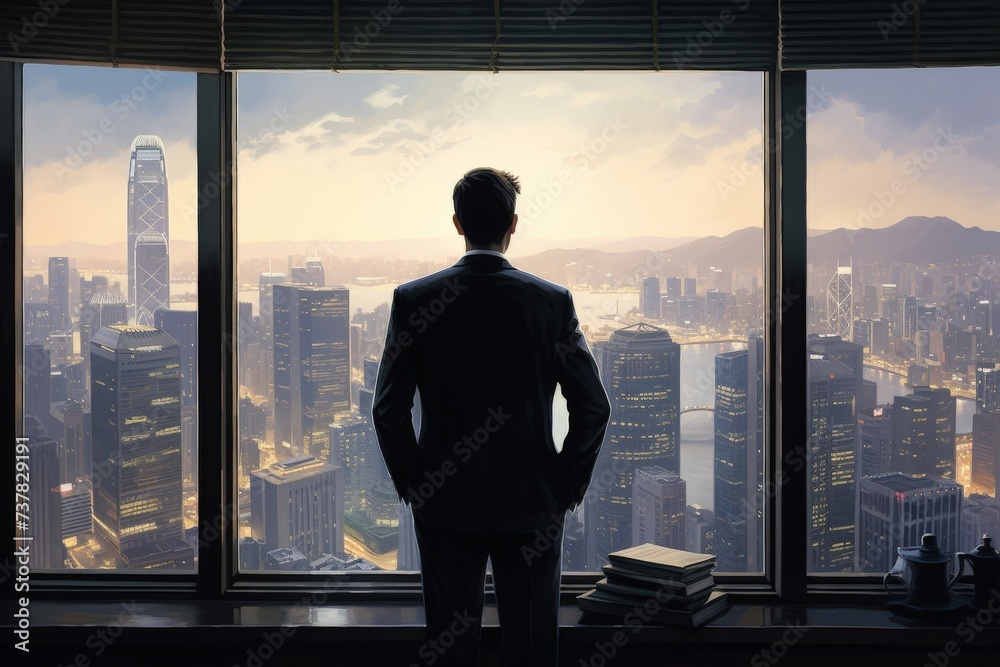 Businessman Contemplating Over Hong Kong Skyline