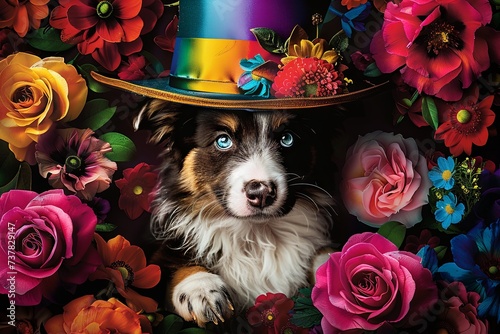 Australian Sheherd puppy dog victorian style with hat and flower background Illustration photo