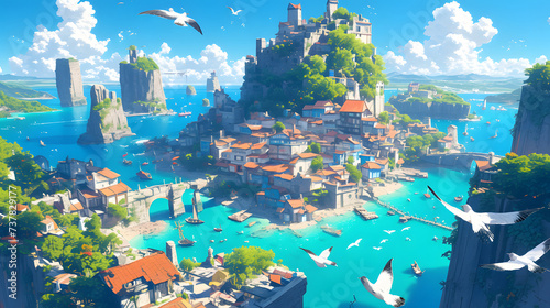 fantasy island cityscape, fantasy background
