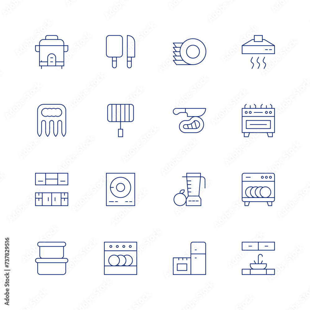 Kitchen line icon set on transparent background with editable stroke. Containing ricecooker, board, meatclaw, grill, cupboard, tupperware, electricstove, dishwasher, meat, beater, kitchen, extractor.