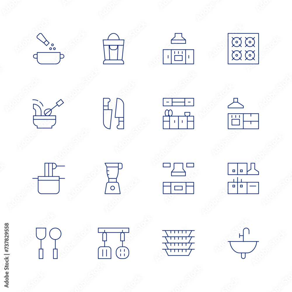 Kitchen line icon set on transparent background with editable stroke. Containing spices, cooking, pasta, kitchenware, juicer, butchering, mixerblender, kitchenutensils, kitchen, stove.