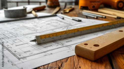 Tools of the trade a ruler pencil and architectural scale displayed on a drafting table filled with technical drawings for a major home renovation. photo