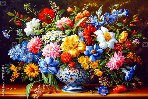 Artistic flower vase on a table, illustrating a beautiful bouquet in a vibrant and colorful setting