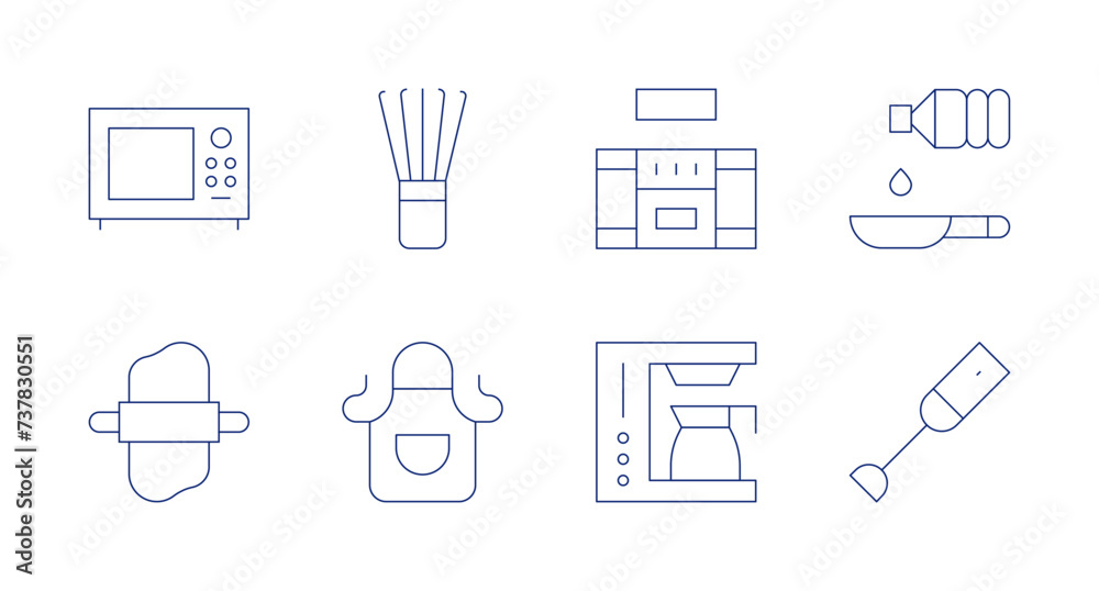 Kitchen icons. Editable stroke. Containing microwave, whisk, rollingpin, apron, kitchen, coffeemaker, pan, mixer.