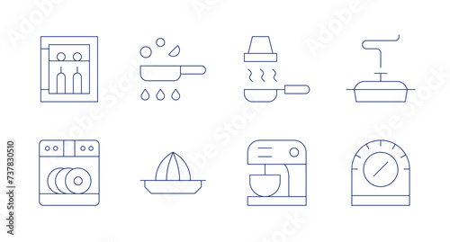 Kitchen icons. Editable stroke. Containing fridge, cooking, dishwasher, juicer, hood, mixer, pot, kitchentimer.