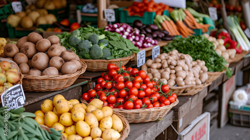 Market stall brimming with fresh vegetables, neatly organized in baskets
